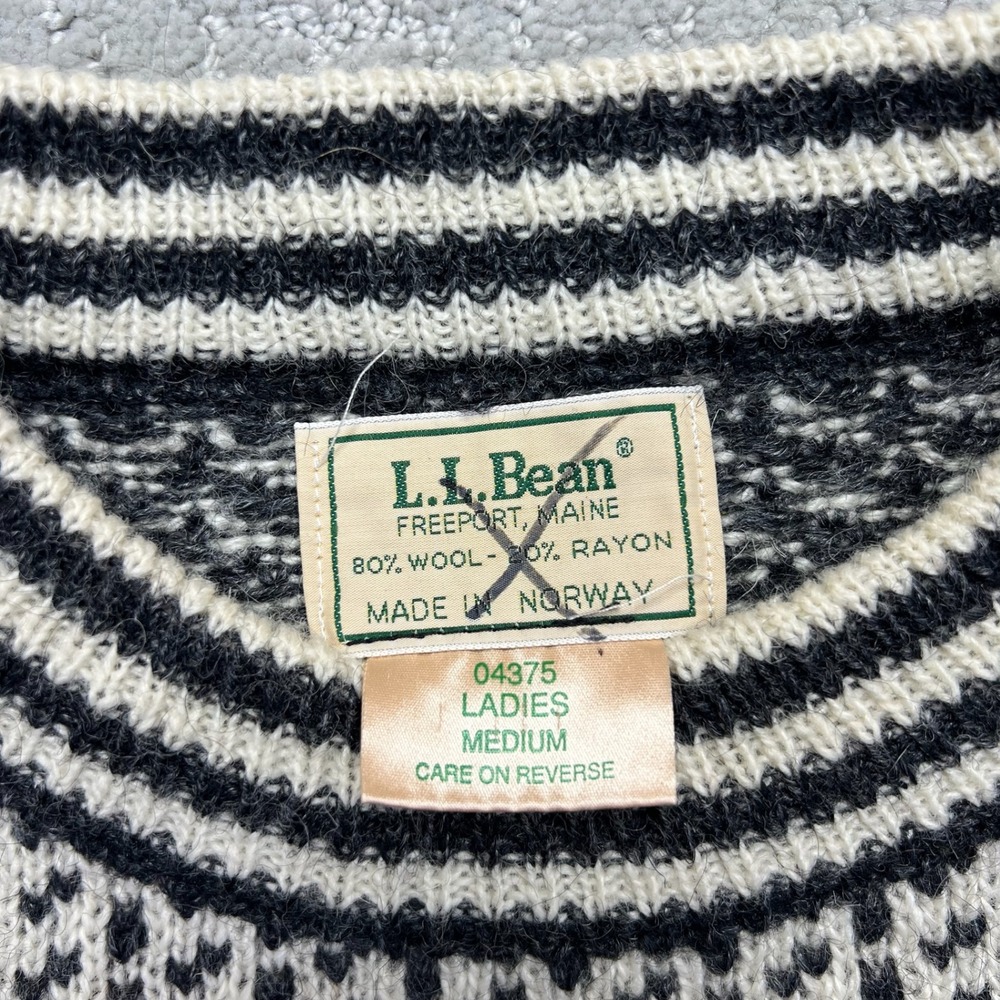 VINTAGE LL Bean Sweater Womens M White Black Birds Eye Wool Blend Made in Norway - Picture 8 of 15